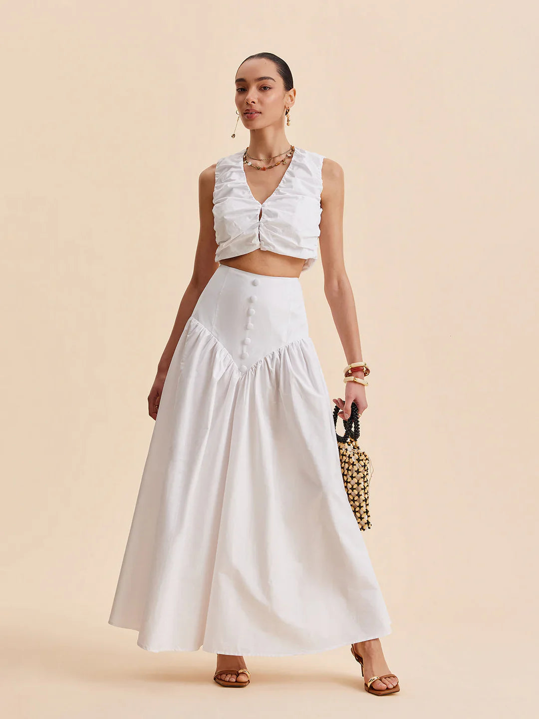 Ensemble Haut Court Plissé Chic et Jupe Boutonnée Chic