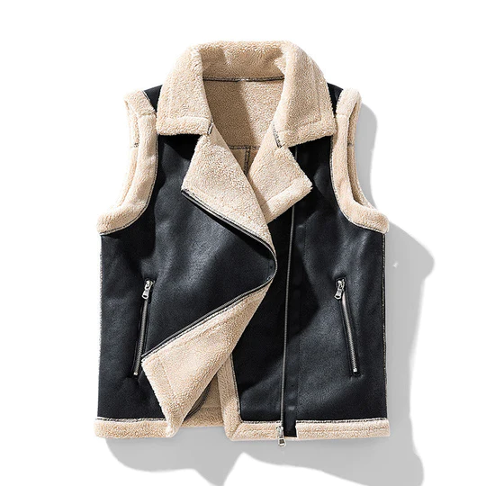 Veste en cuir sans manches avec fourrure pour femme
