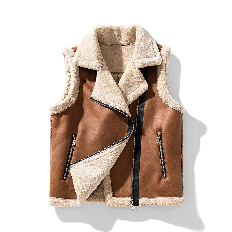 Veste en cuir sans manches avec fourrure pour femme