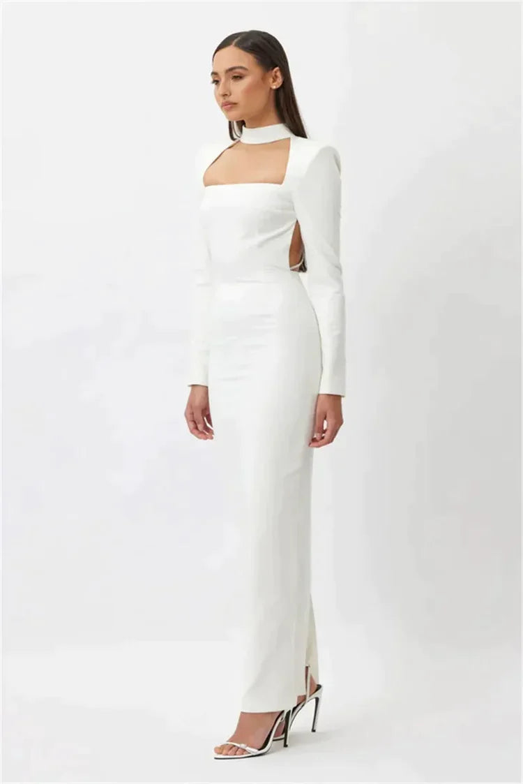 Robe longue sans fente, manches longues et strass