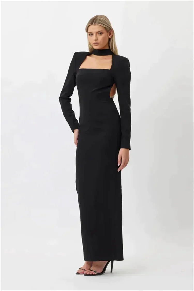 Robe longue sans fente, manches longues et strass
