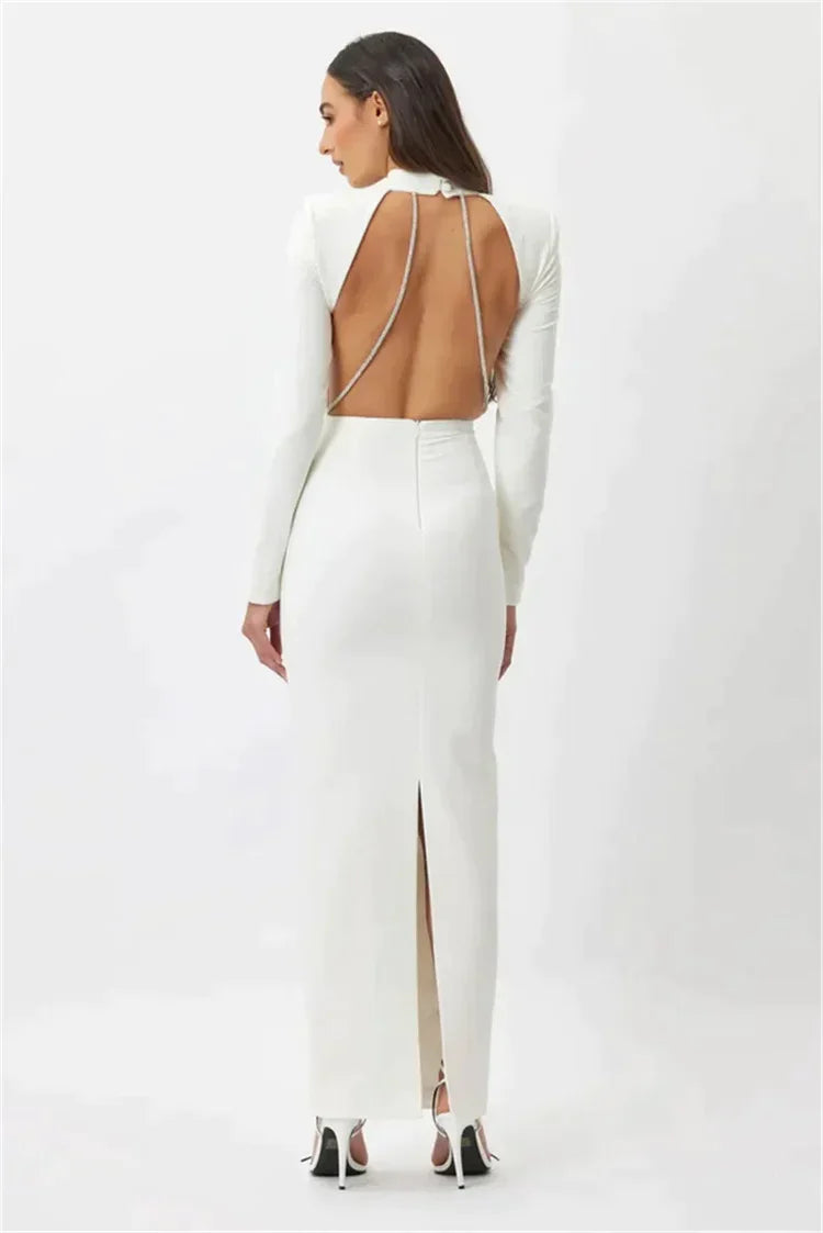 Robe longue sans fente, manches longues et strass