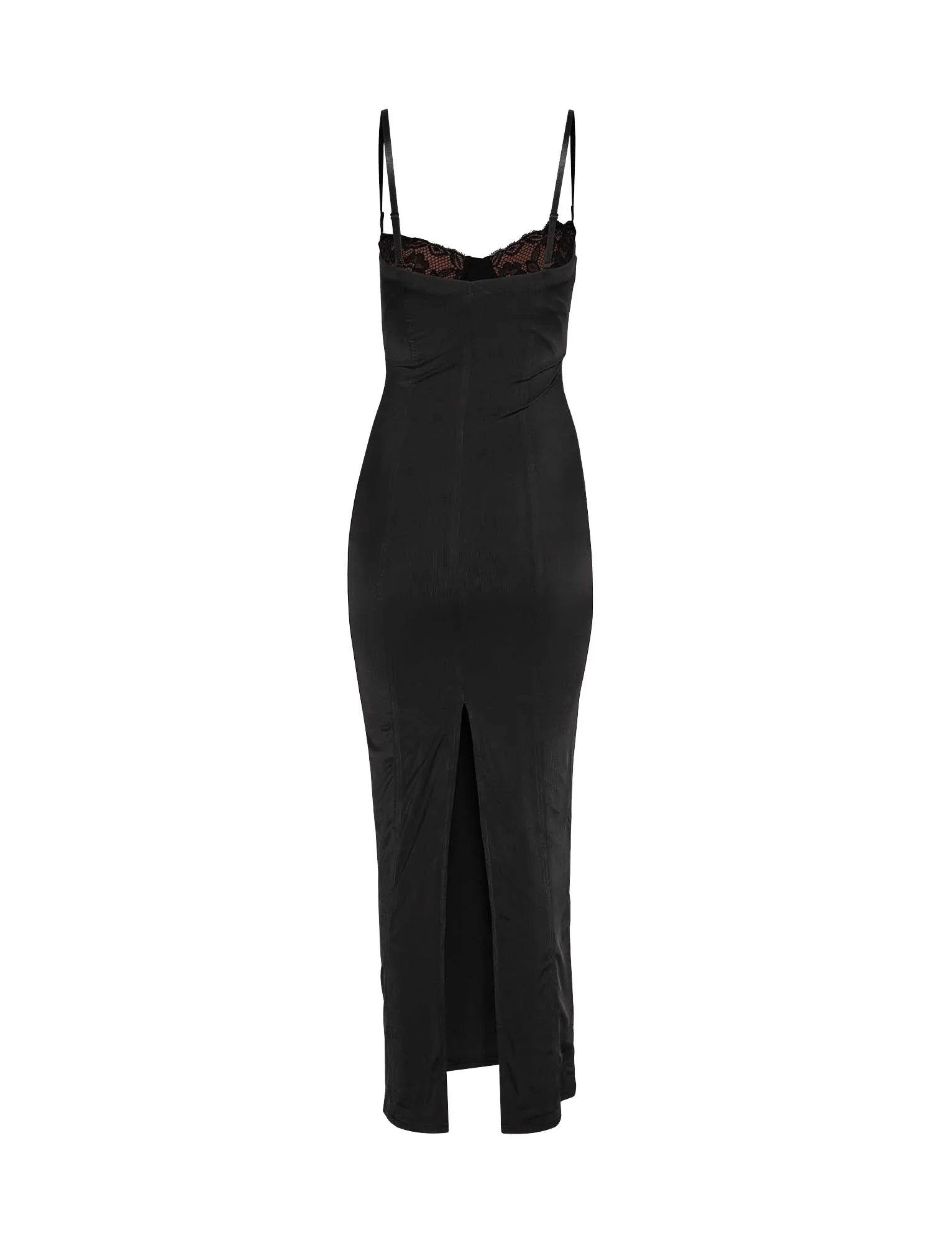 Robe longue noire sans couture en dentelle