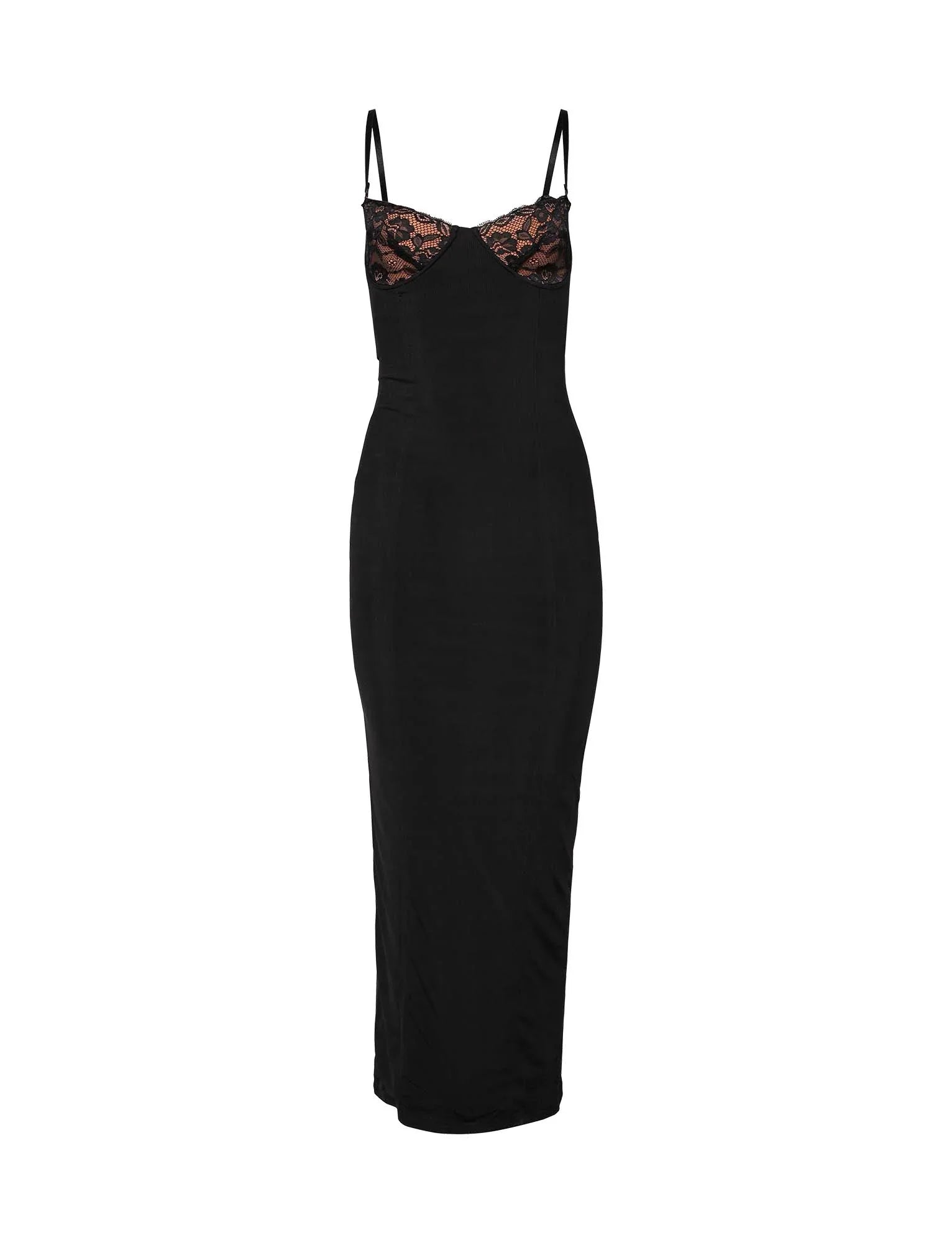 Robe longue noire sans couture en dentelle