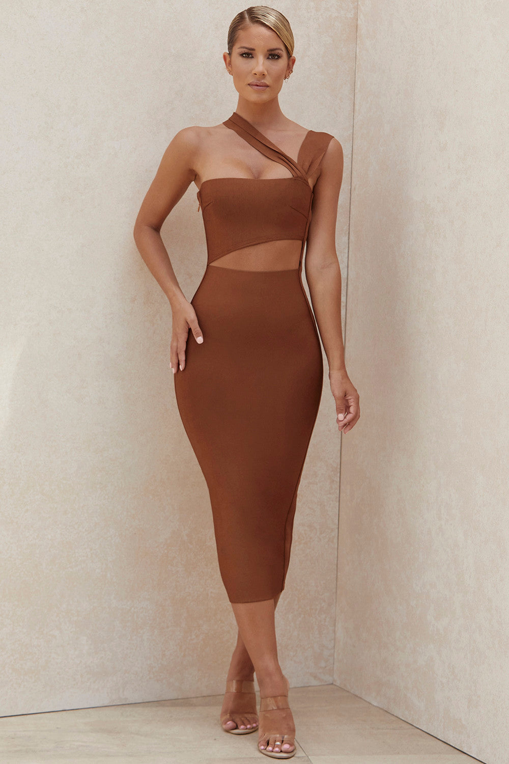 Robe midi bandage découpée marron clair