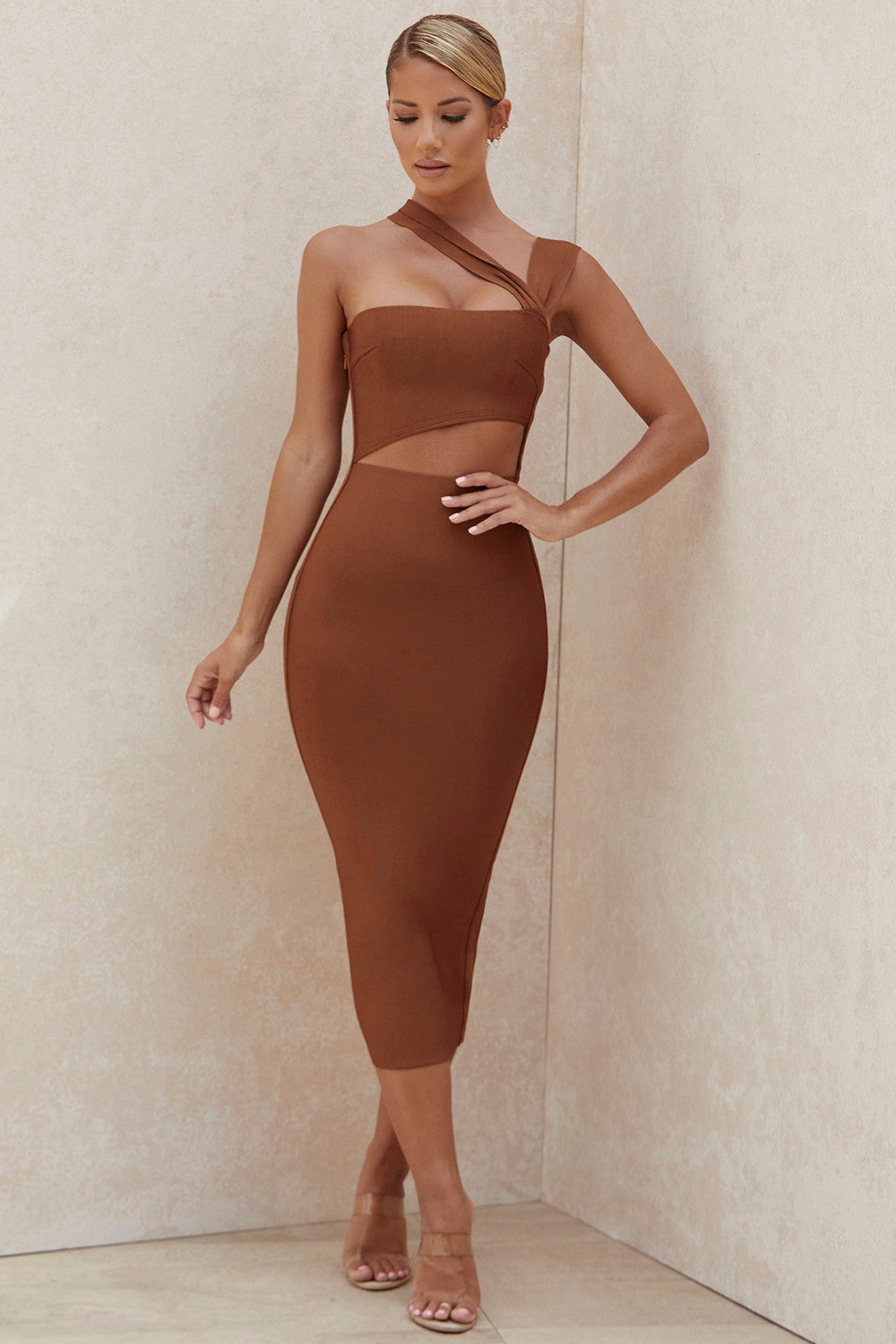 Robe midi bandage découpée marron clair