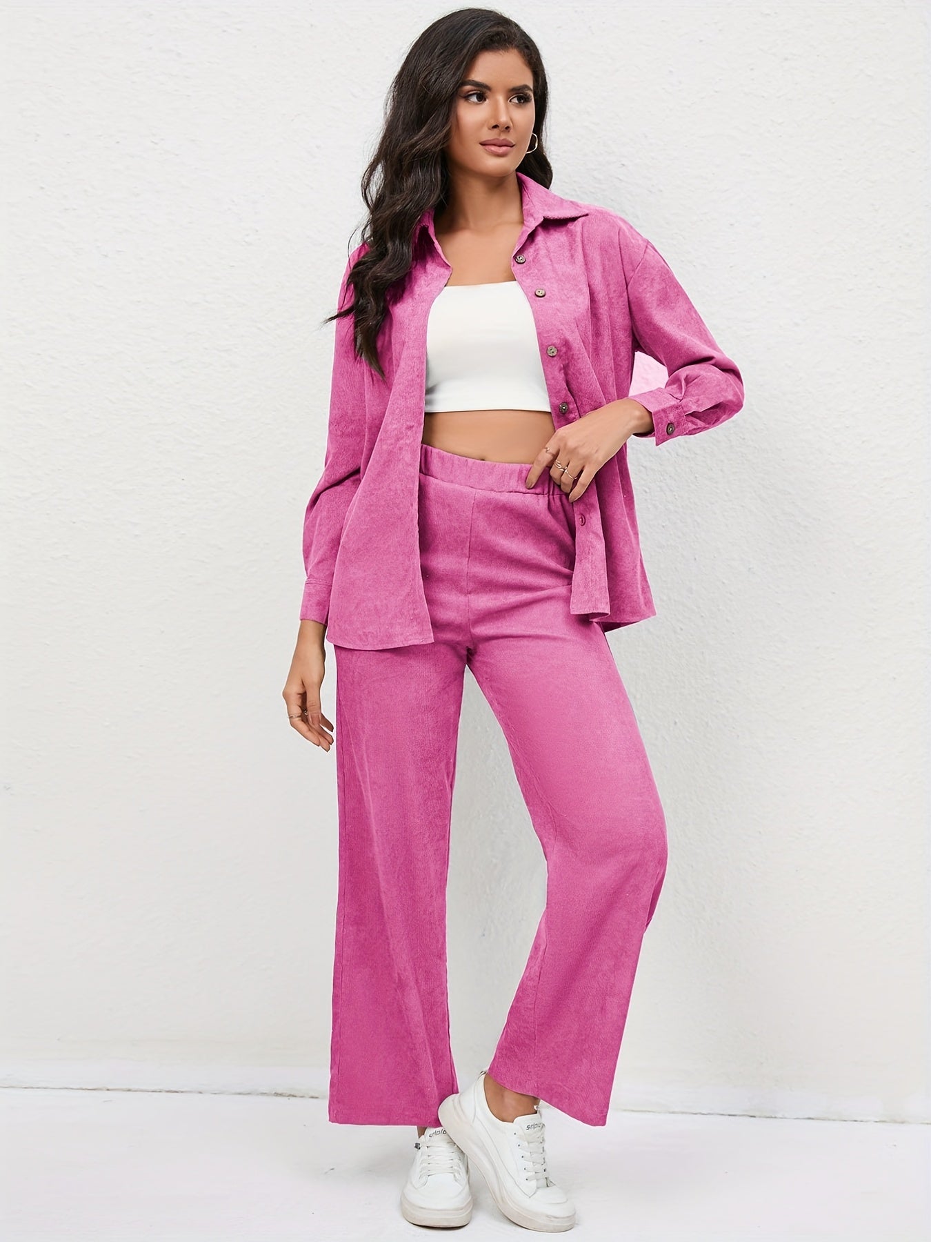 Chemise décontractée et pantalon en velours côtelé à manches longues et taille haute élastique