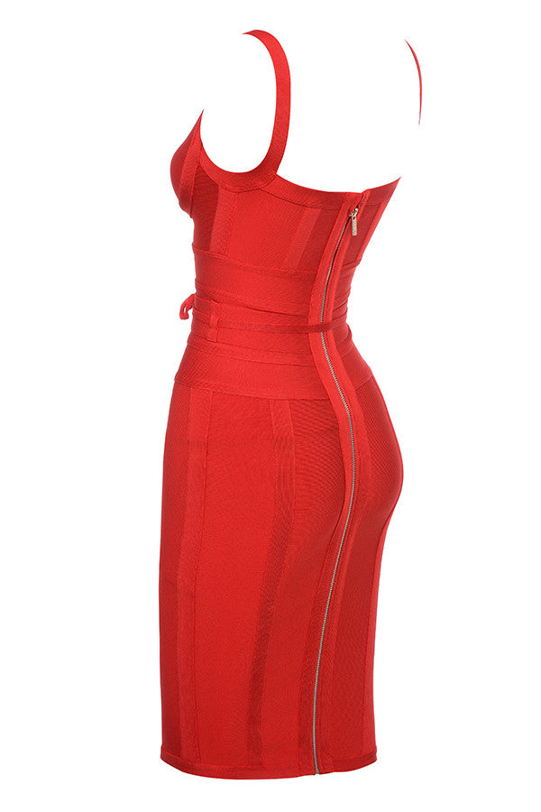 Robe bandage rouge avec lien à la taille