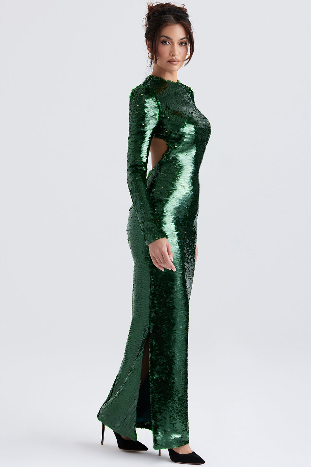 Robe longue vert sapin à sequins
