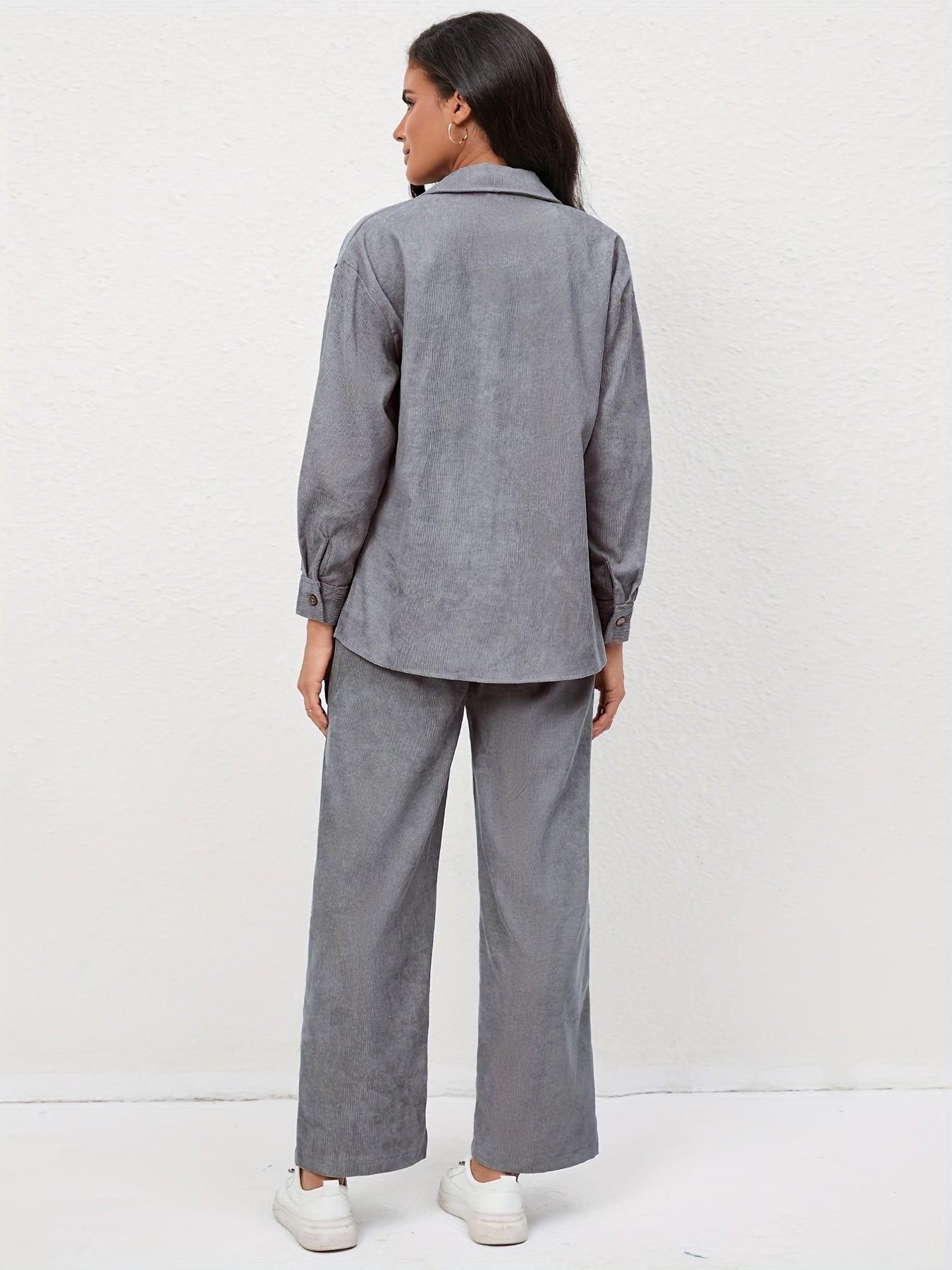 Chemise décontractée et pantalon en velours côtelé à manches longues et taille haute élastique