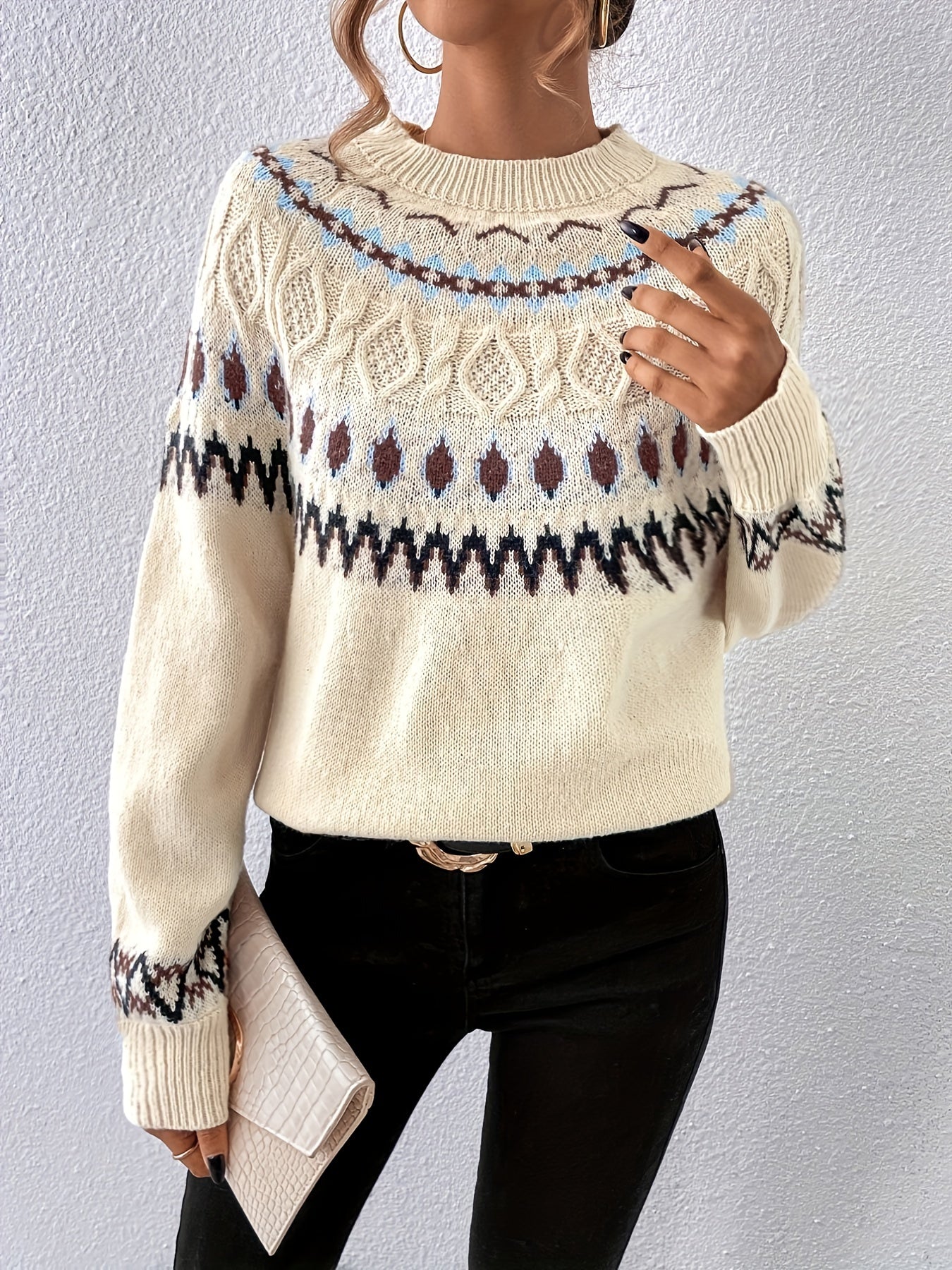Pull col rond à motif géo