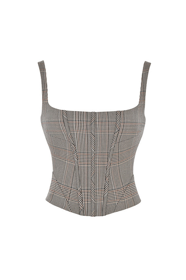 Mistress Rocks - Corset monochrome à col carré et mini-jupe à carreaux avec découpe