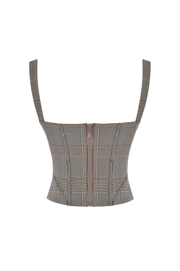Mistress Rocks - Corset monochrome à col carré et mini-jupe à carreaux avec découpe
