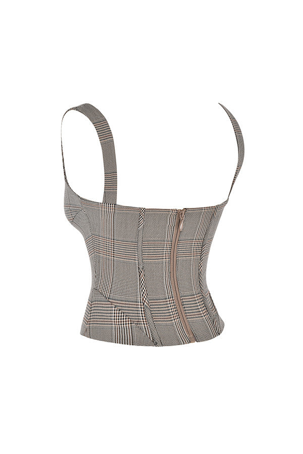 Mistress Rocks - Corset monochrome à col carré et mini-jupe à carreaux avec découpe