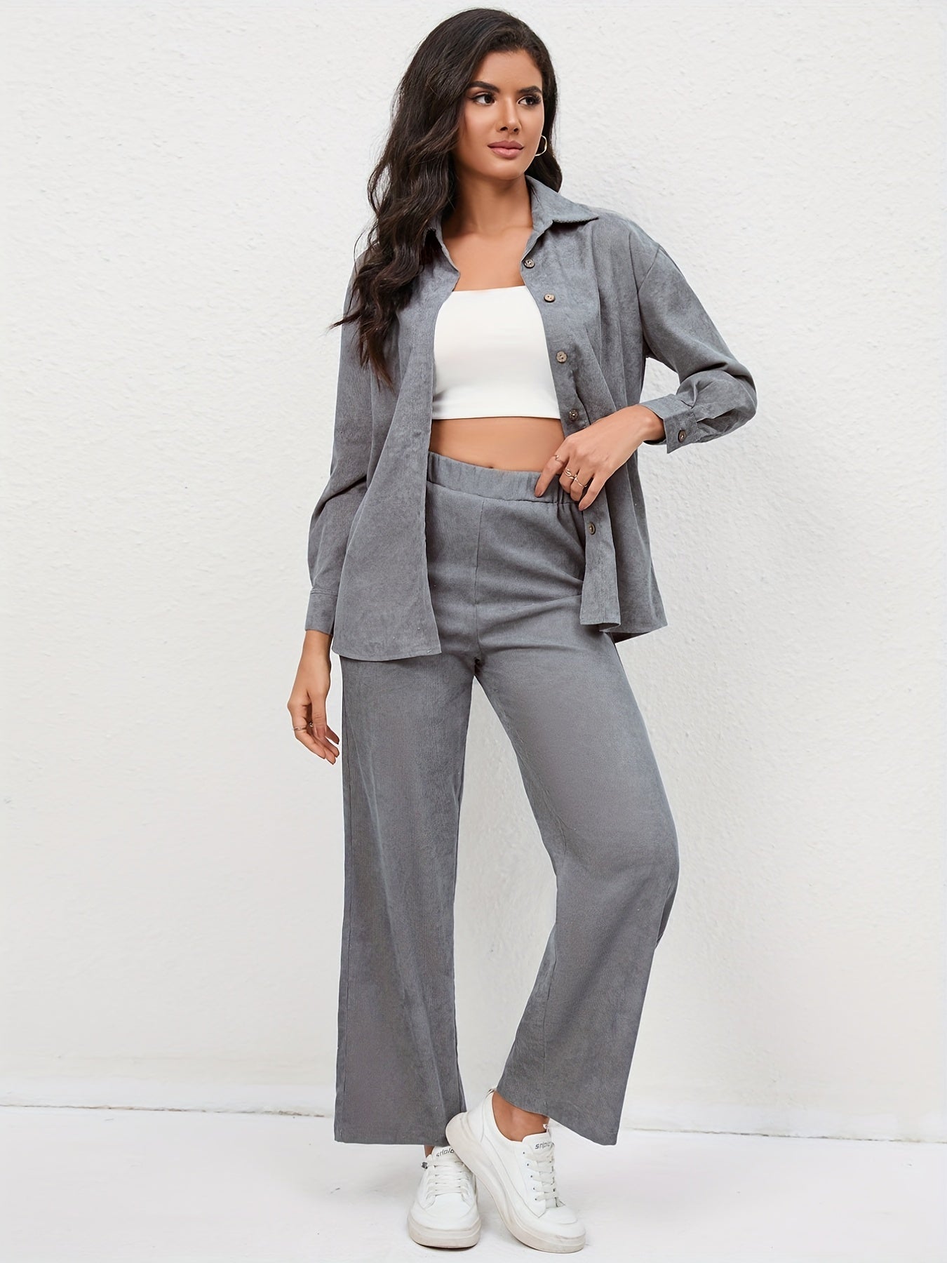 Chemise décontractée et pantalon en velours côtelé à manches longues et taille haute élastique