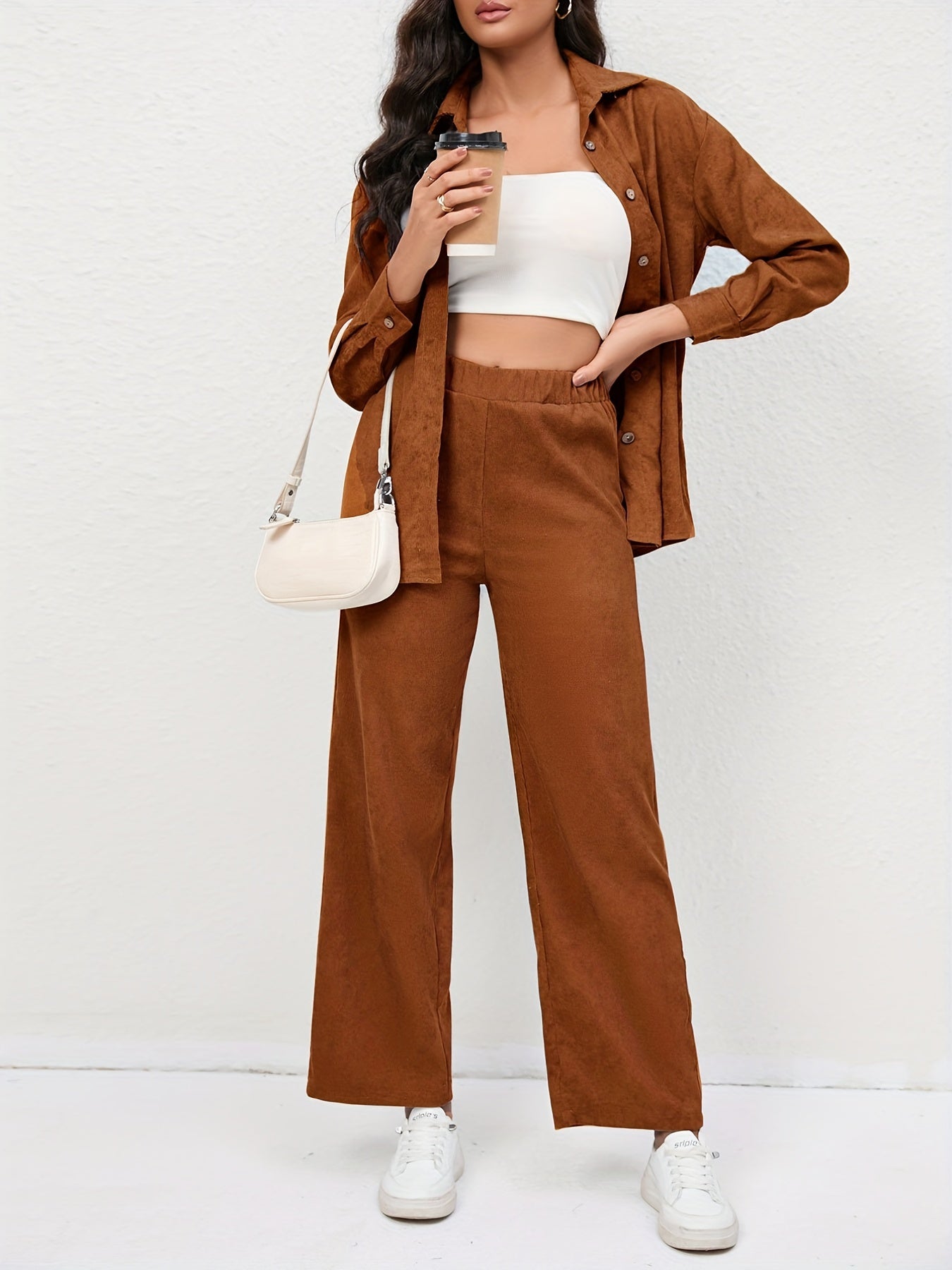 Chemise décontractée et pantalon en velours côtelé à manches longues et taille haute élastique
