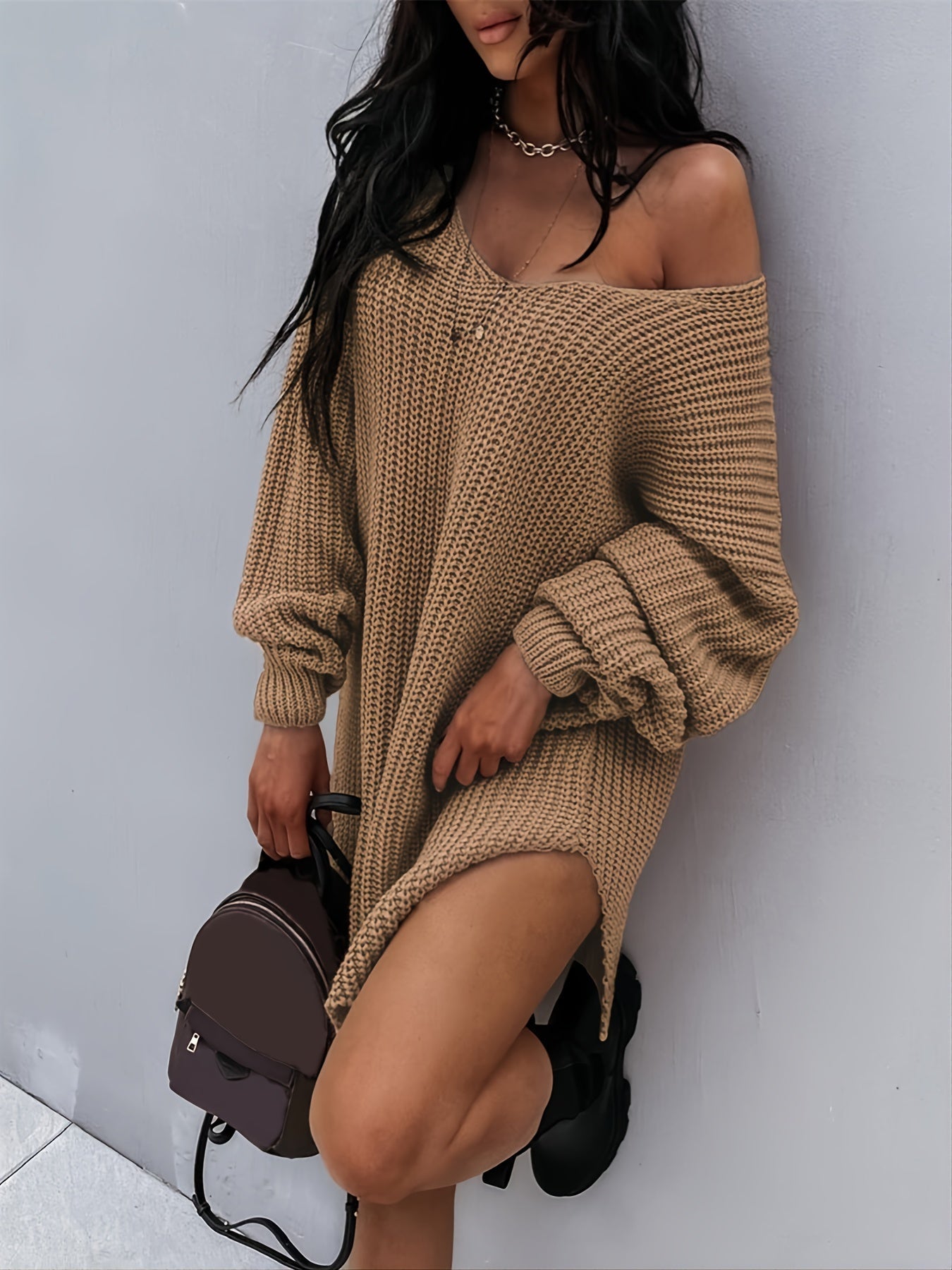 Pull en maille à col V et manches lanterne