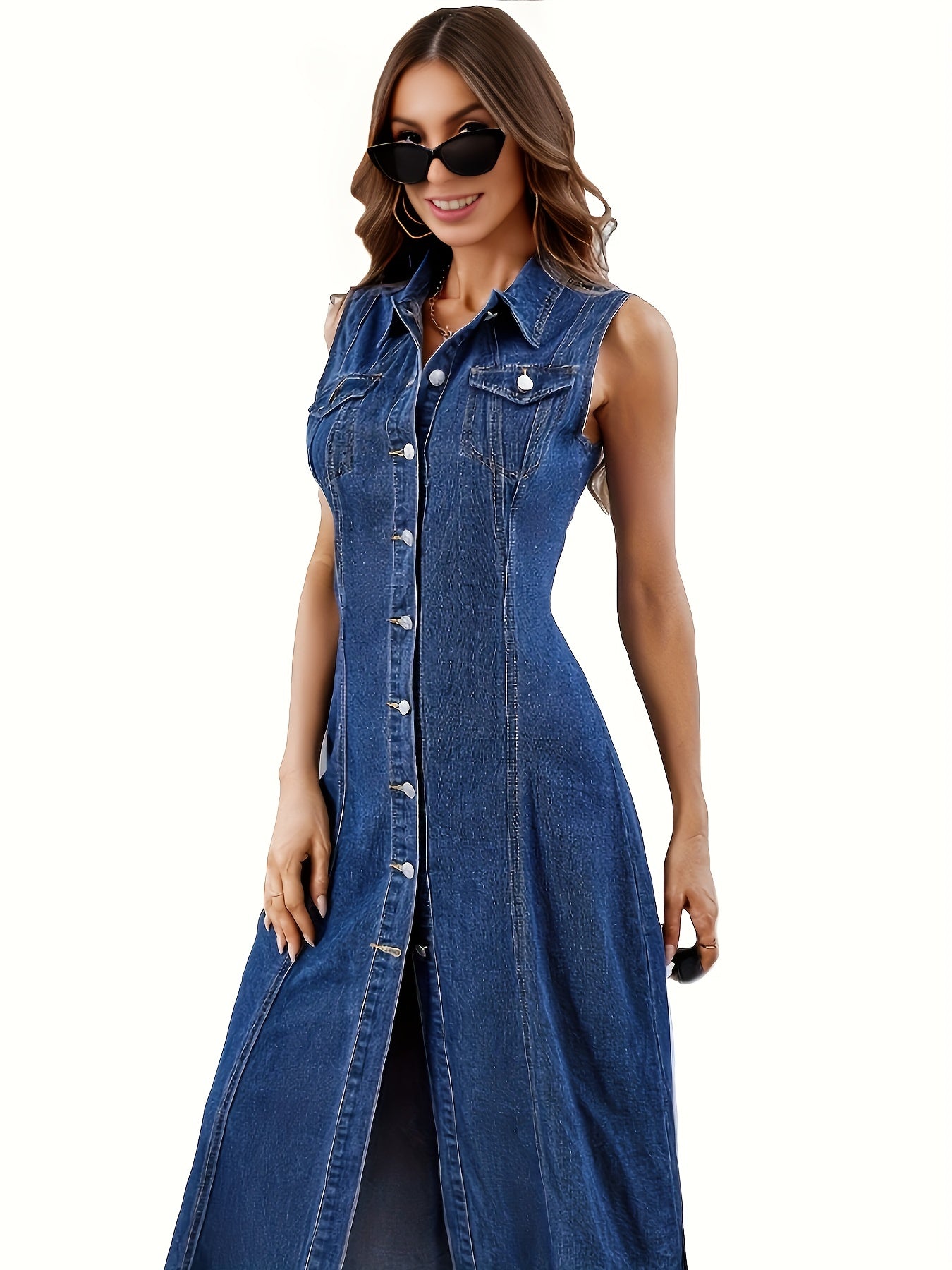 Robe en jean sans manches à revers