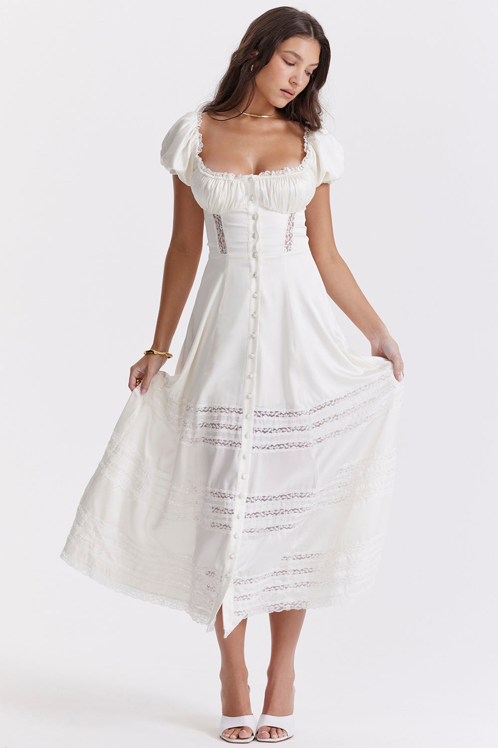 Robe de couleur ivoire en soie véritable avec manches bouffantes