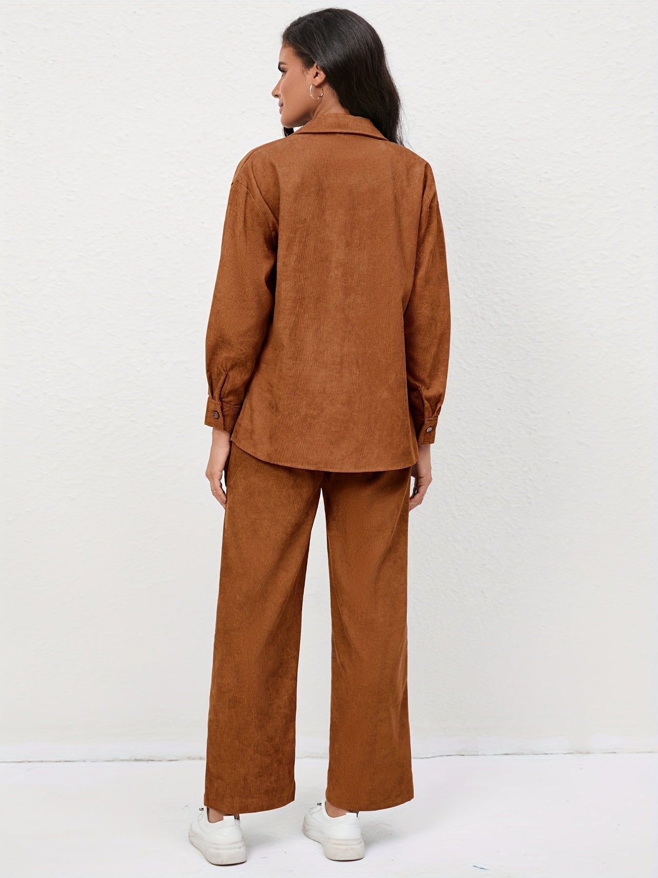 Chemise décontractée et pantalon en velours côtelé à manches longues et taille haute élastique