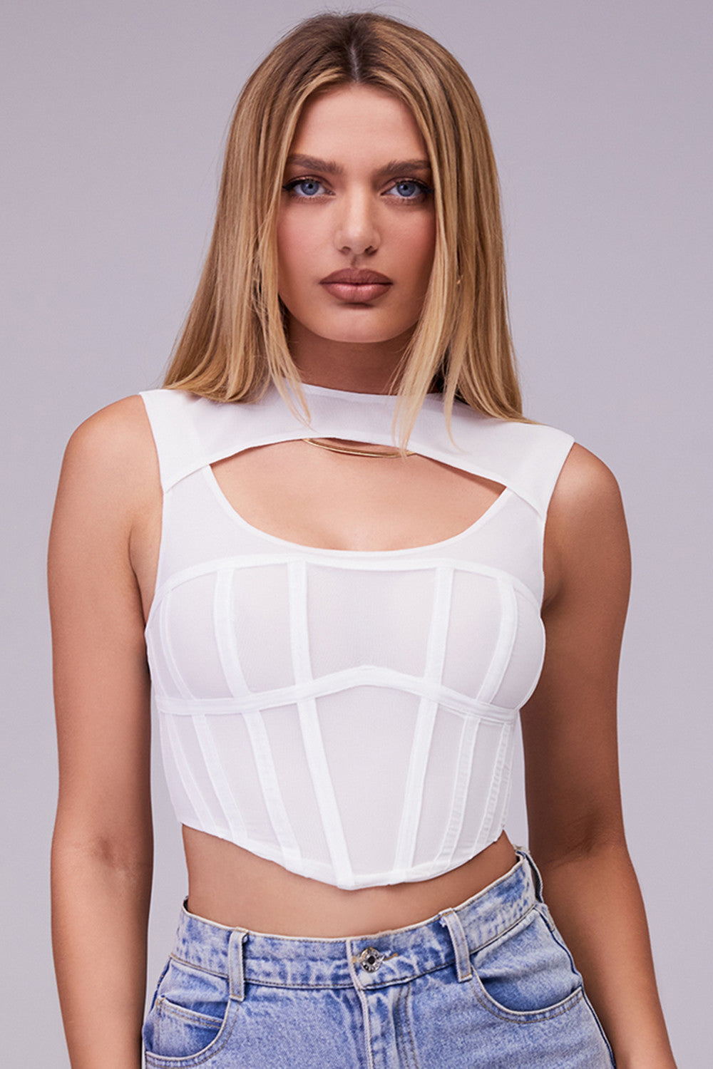 Mistress Rocks - Haut corset découpé en tulle blanc