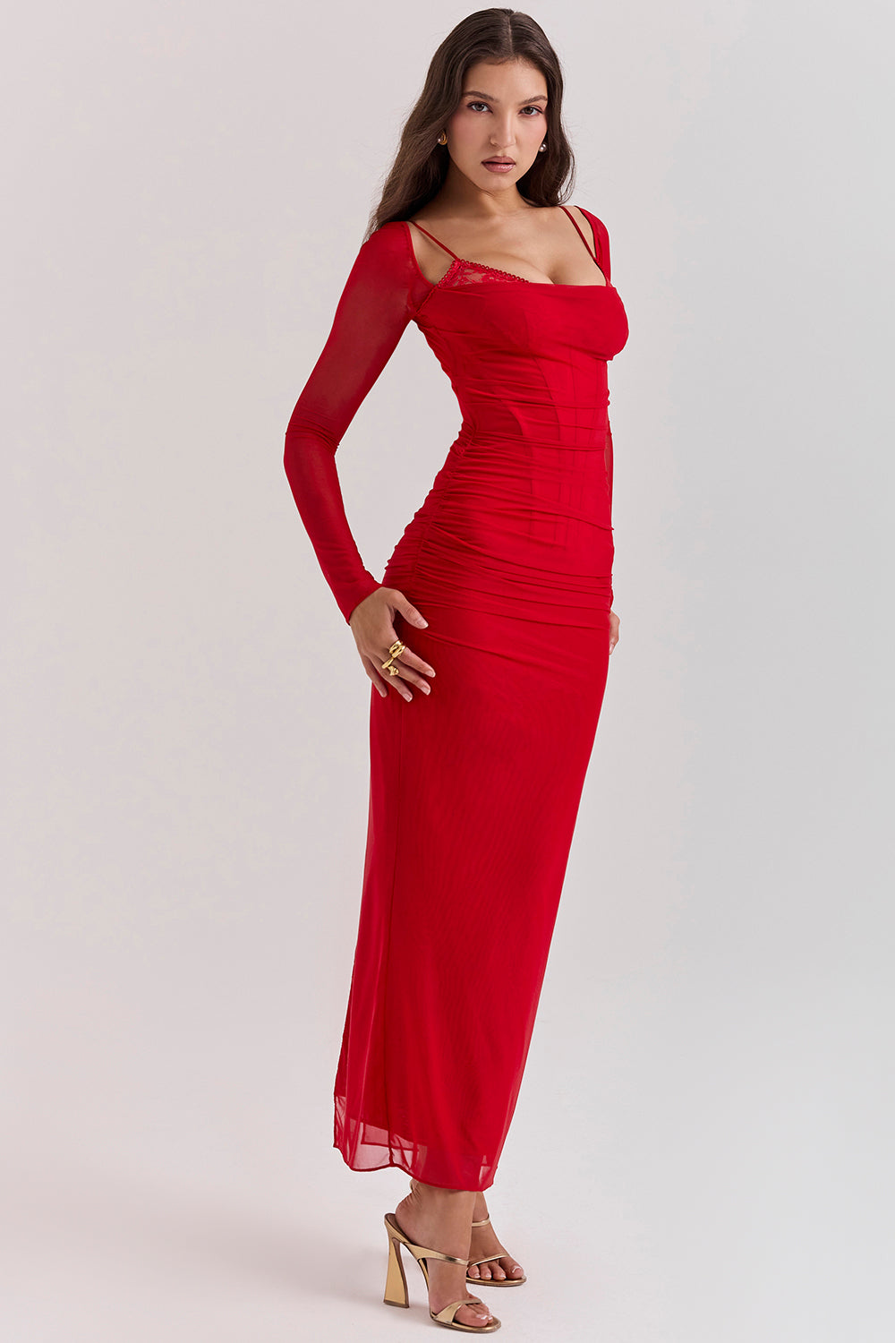 Robe longue rouge foncé à manches longues