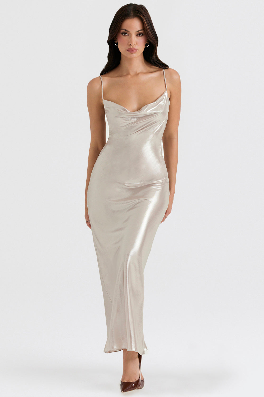 Robe longue Champagne Shimmer avec dos décolleté