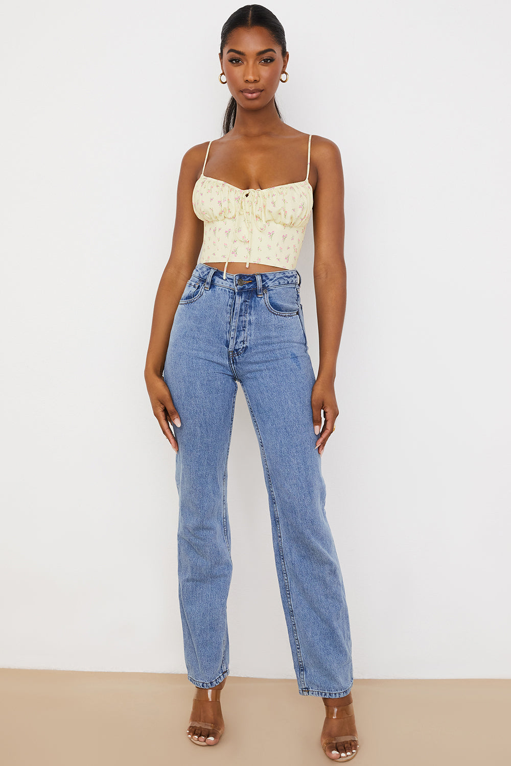 Haut bustier fleuri citron à plis