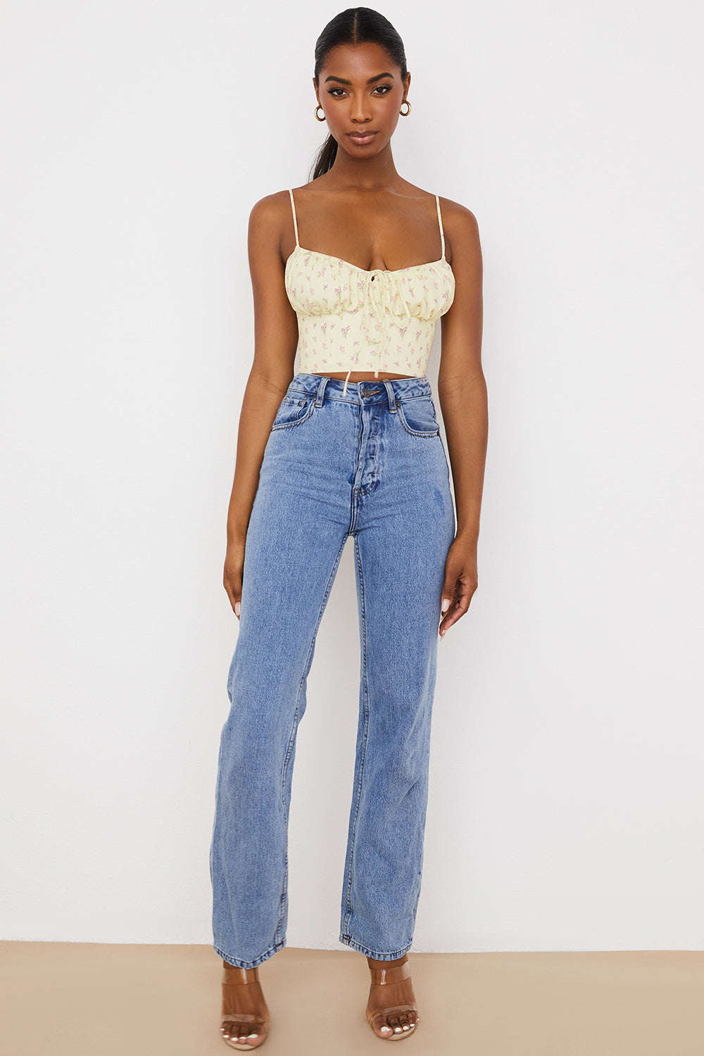 Haut bustier fleuri citron à plis
