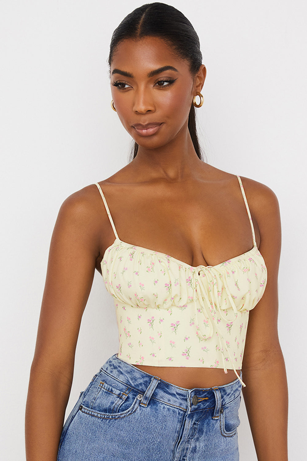 Haut bustier fleuri citron à plis