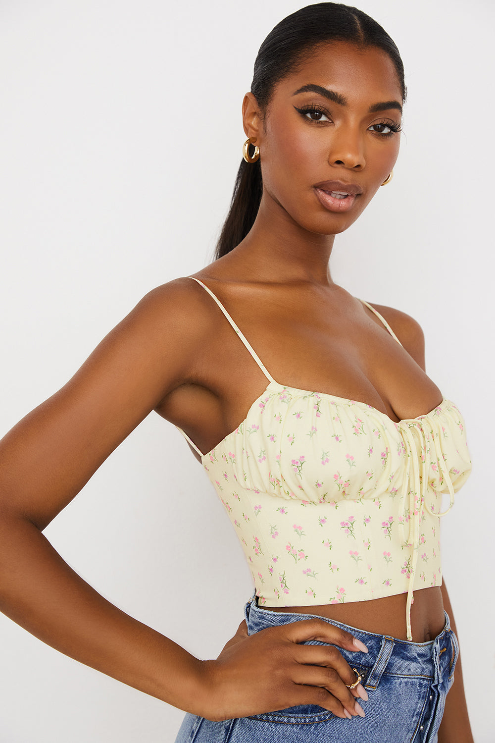 Haut bustier fleuri citron à plis