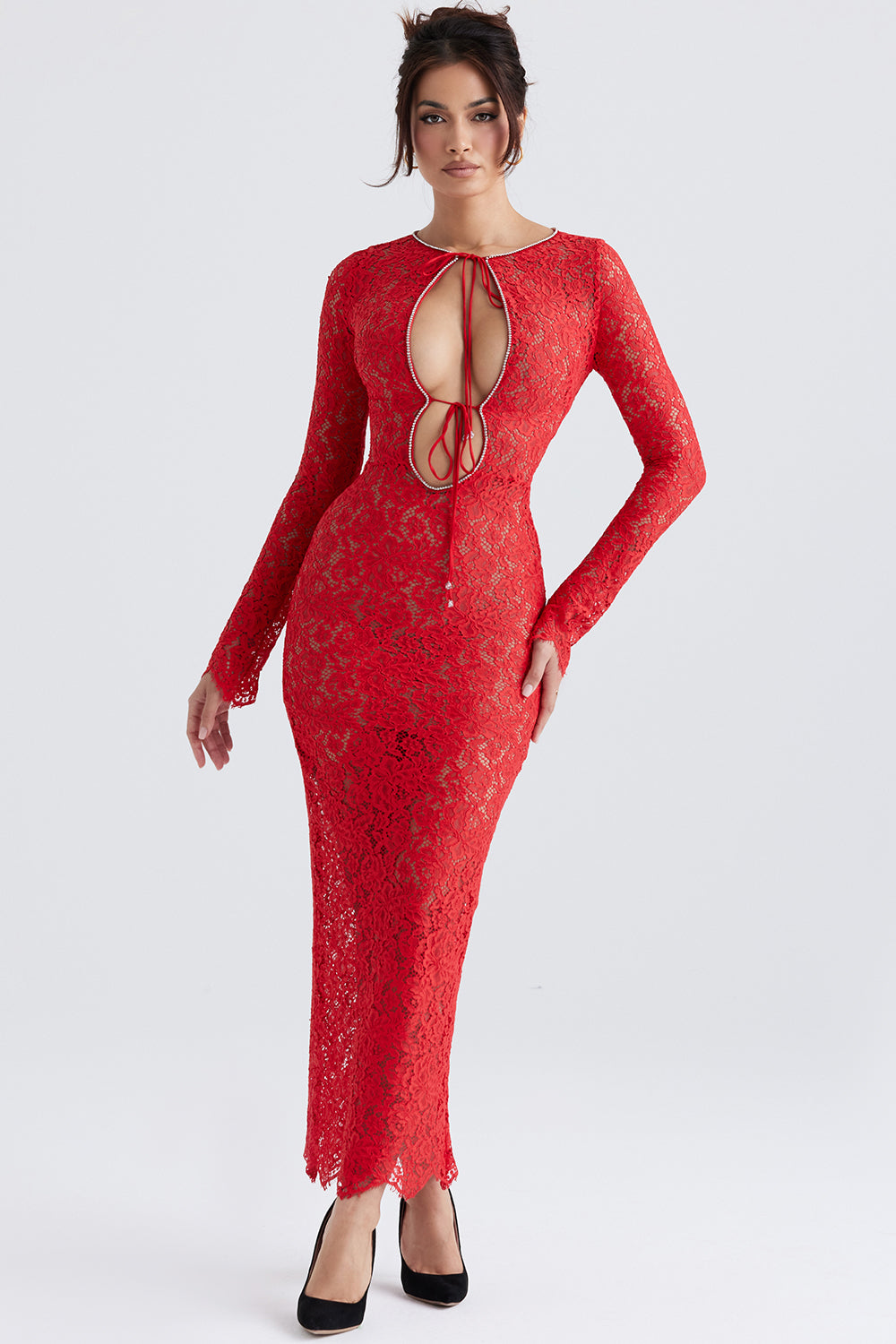 Robe longue en dentelle rouge