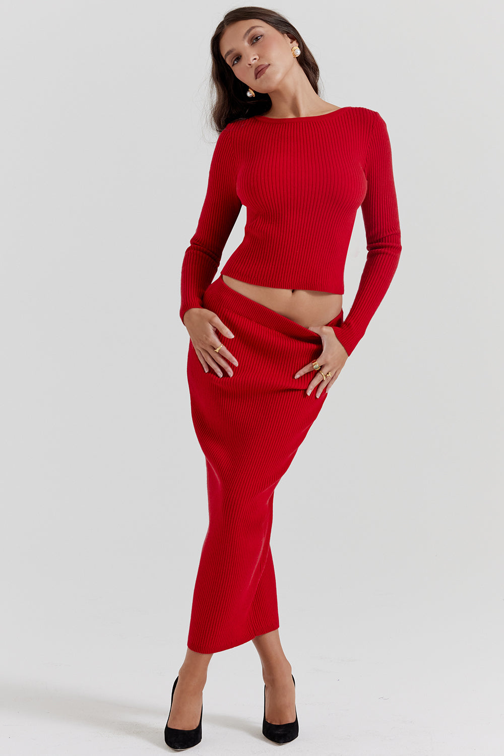 Pull en cachemire mélangé rouge écarlate avec noeud