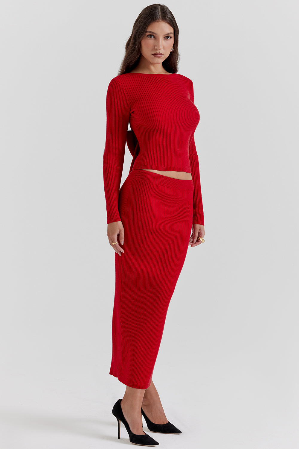 Pull en cachemire mélangé rouge écarlate avec noeud