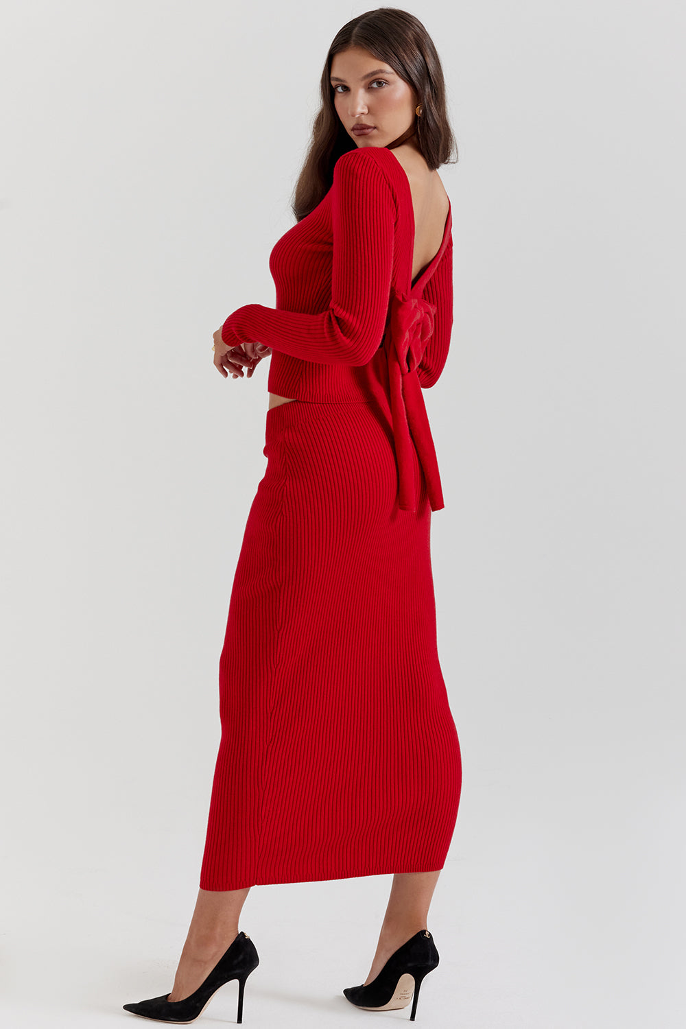 Pull en cachemire mélangé rouge écarlate avec noeud