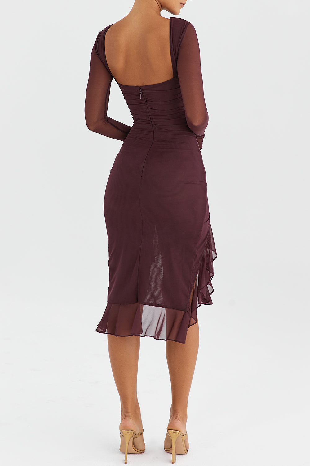 Robe mi-longue à volants et manches longues en violet