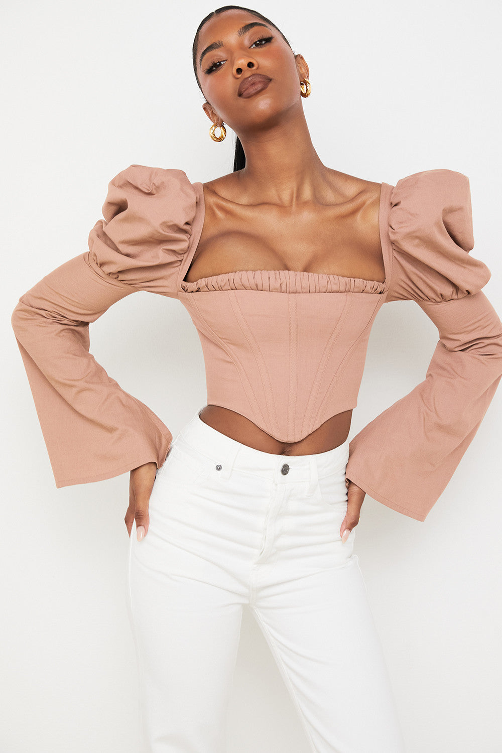 Corset moka en lin mélangé à manches évasées