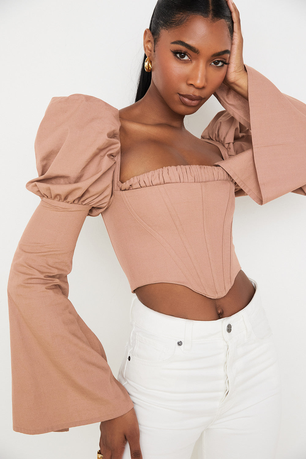 Corset moka en lin mélangé à manches évasées