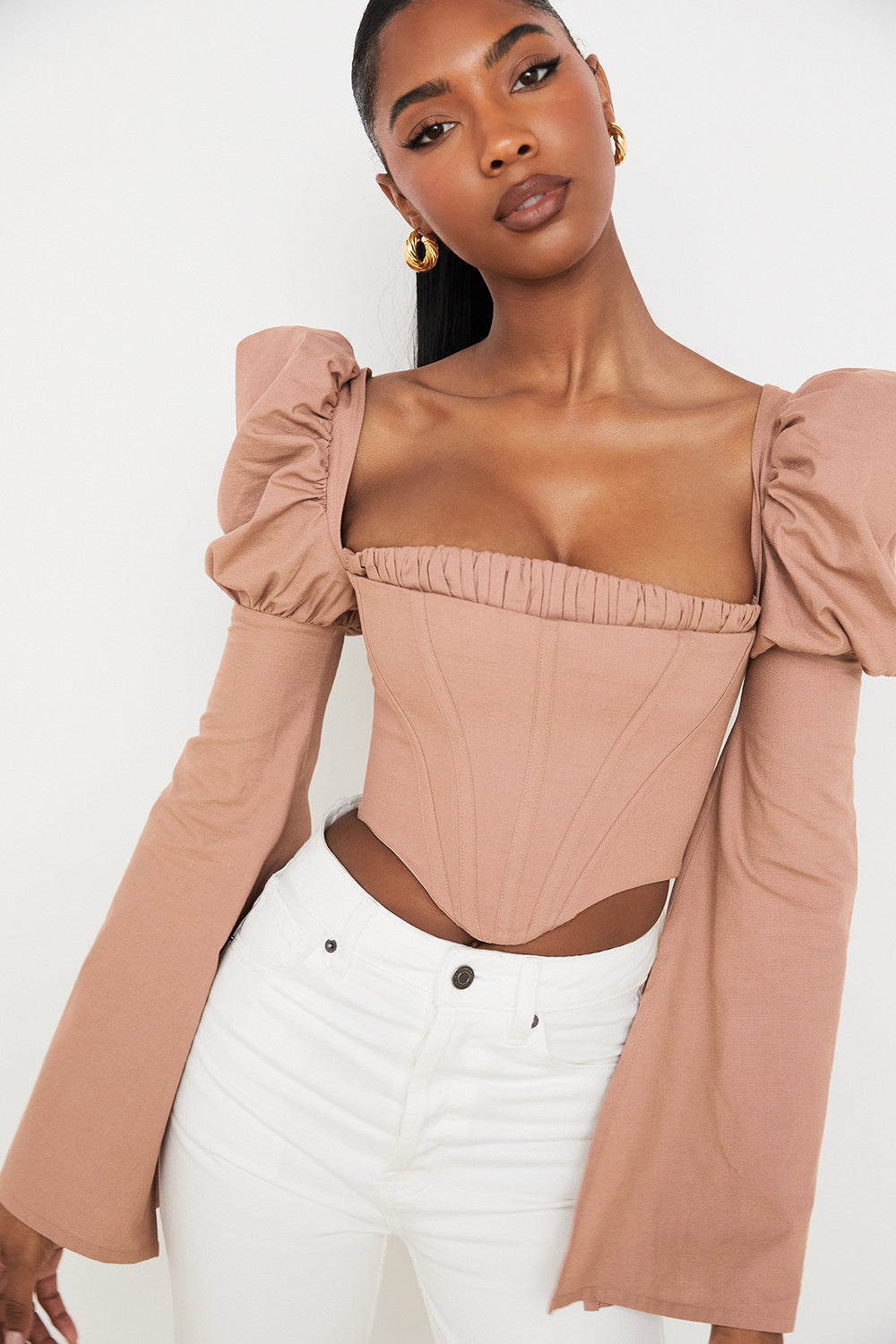 Corset moka en lin mélangé à manches évasées