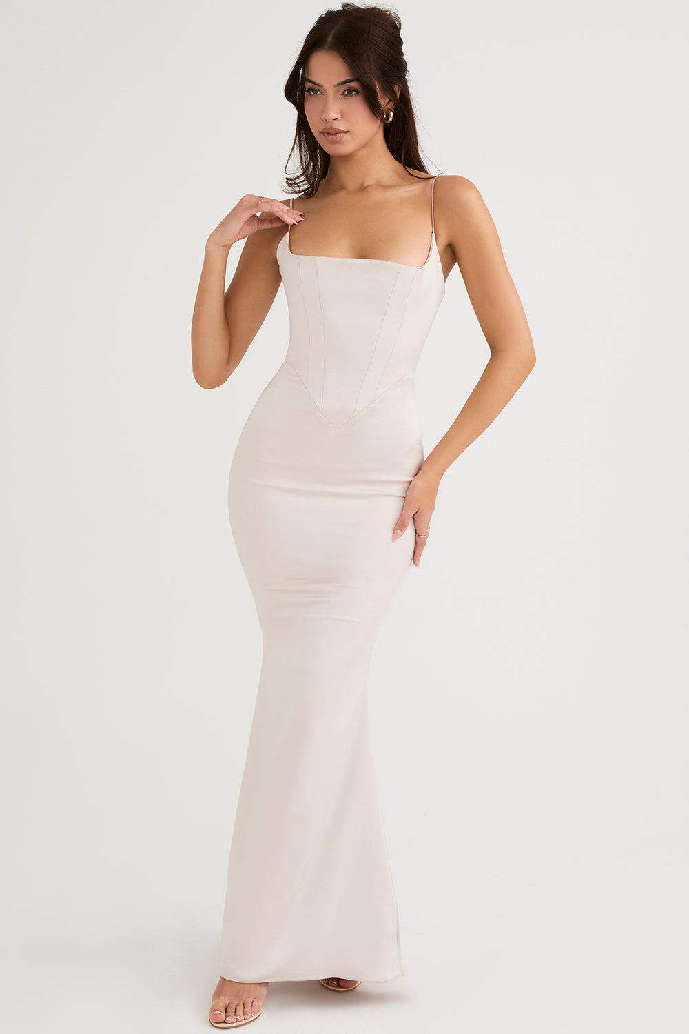 Robe longue pervenche avec corset en satin