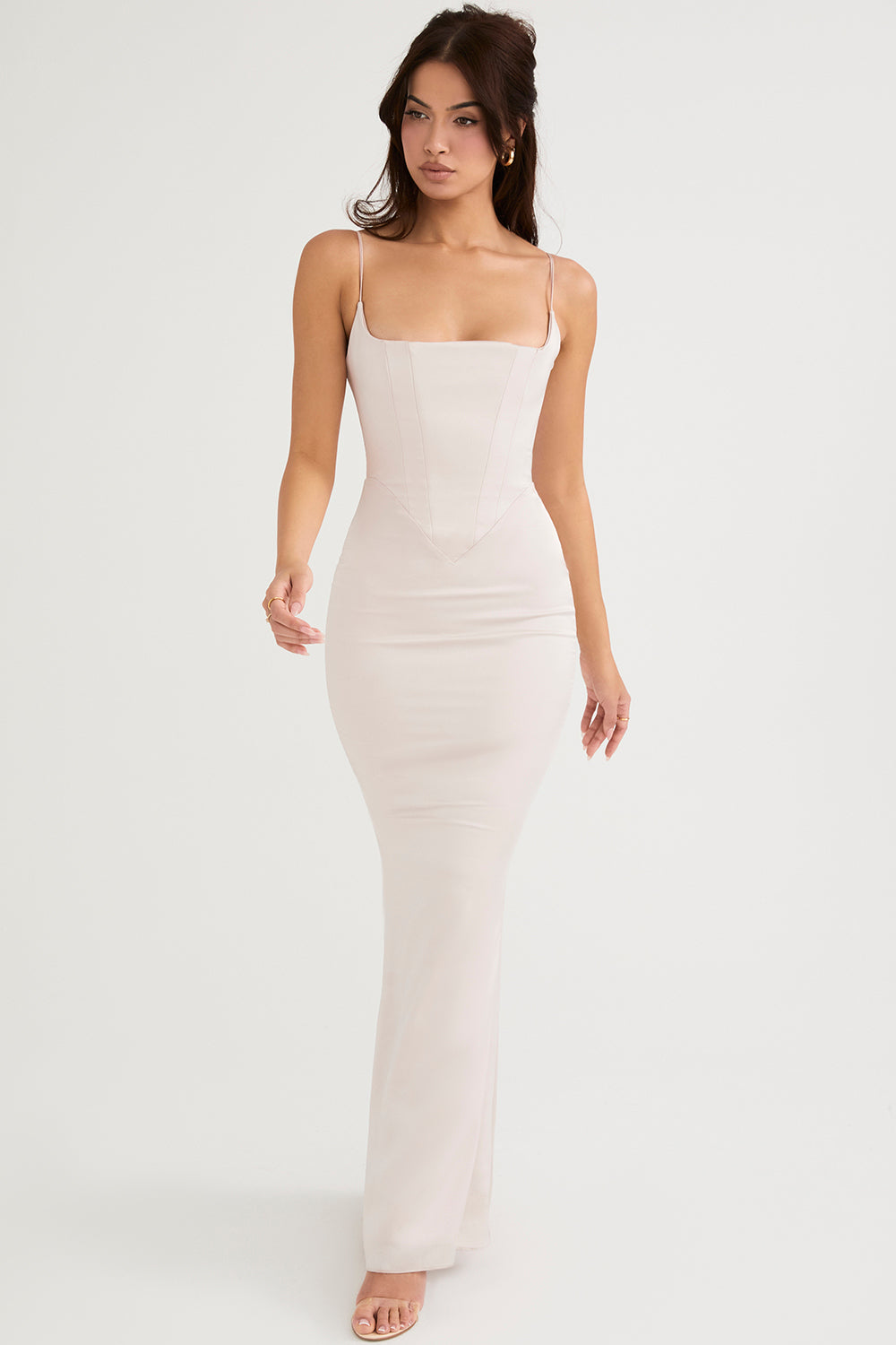 Robe longue pervenche avec corset en satin