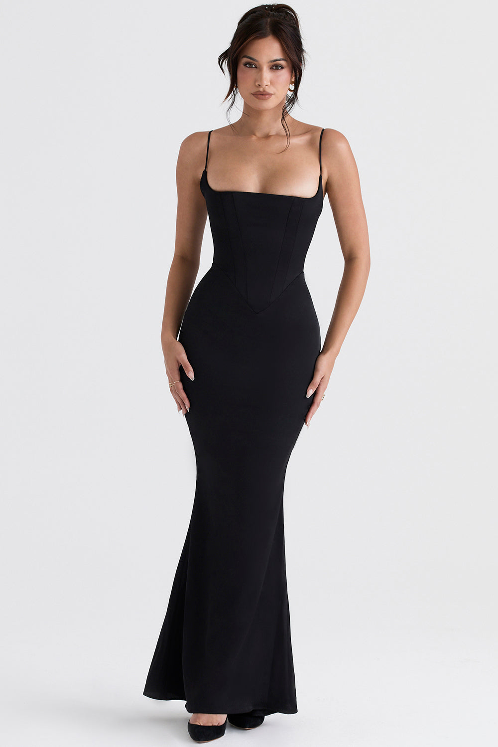 Robe longue pervenche avec corset en satin