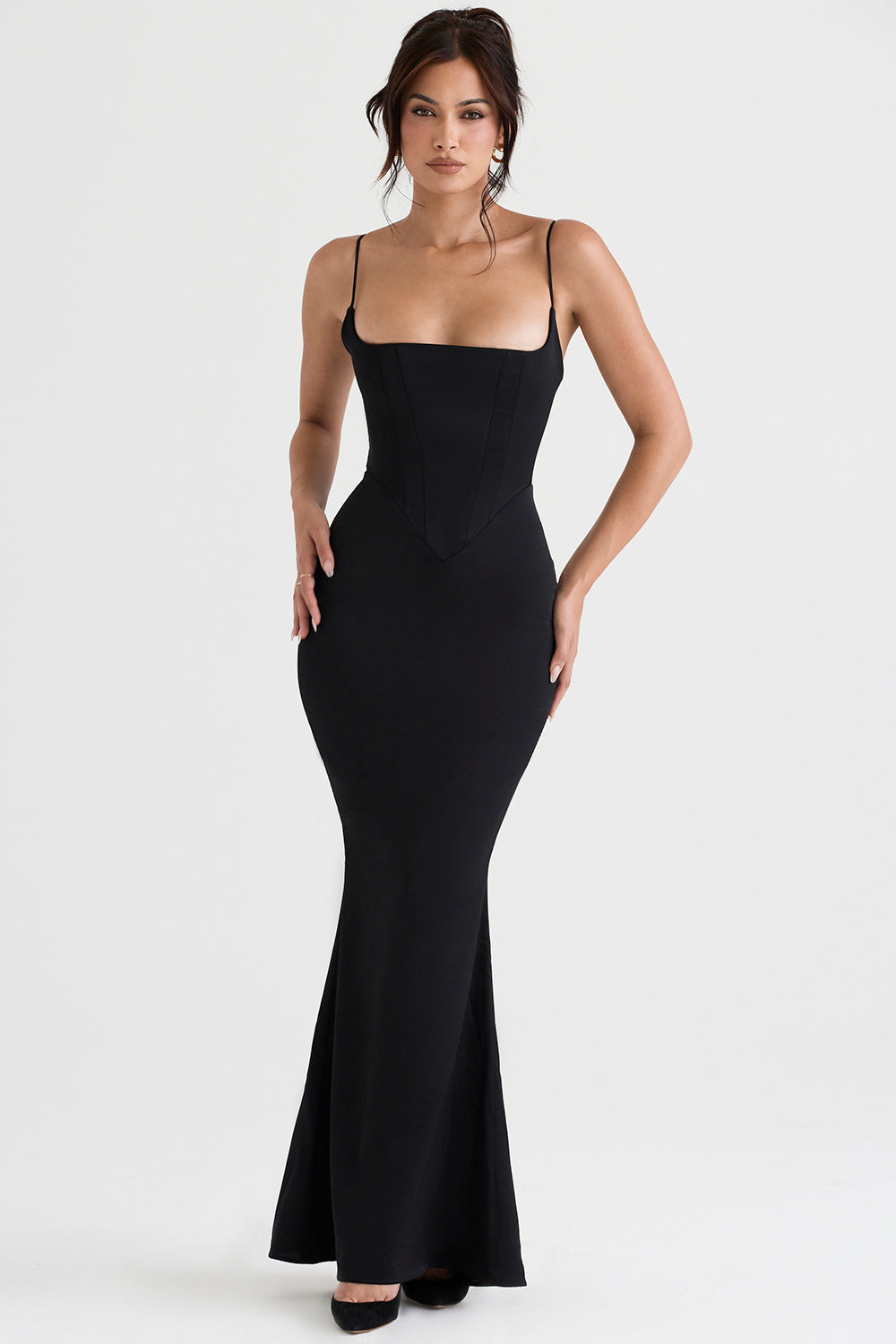 Robe longue pervenche avec corset en satin