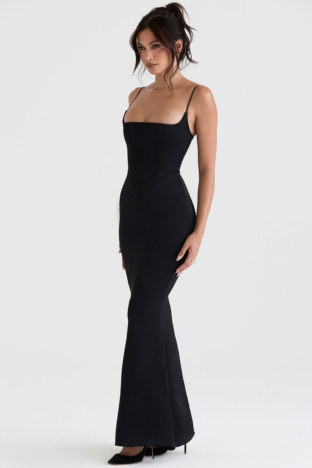Robe longue pervenche avec corset en satin