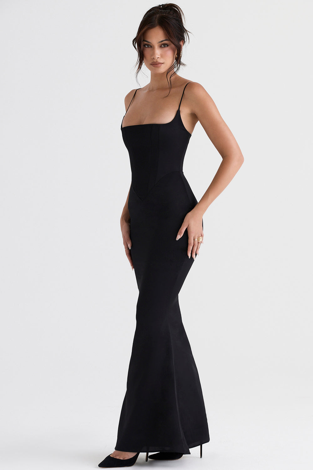 Robe longue pervenche avec corset en satin