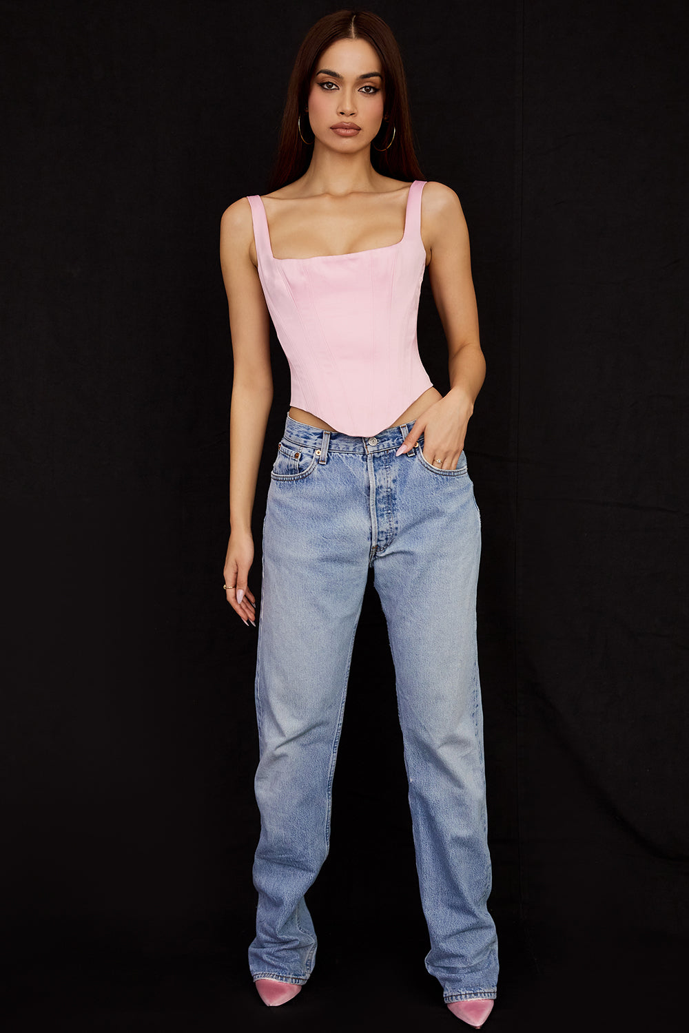 Corset long en satin rose fée