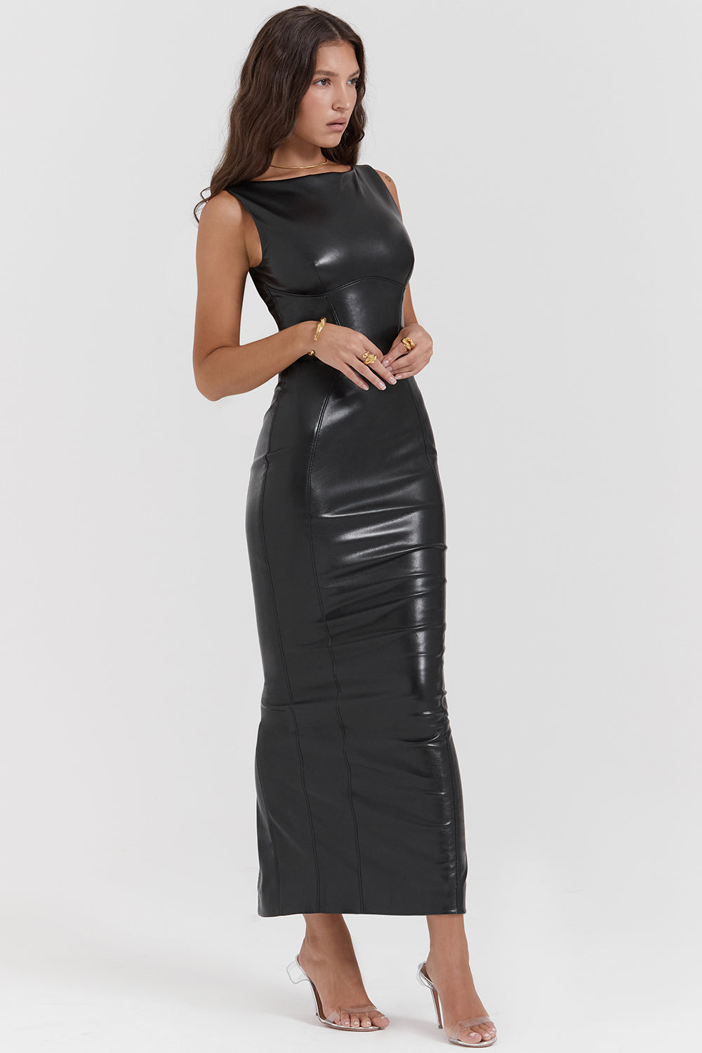 Robe longue en cuir vegan noir