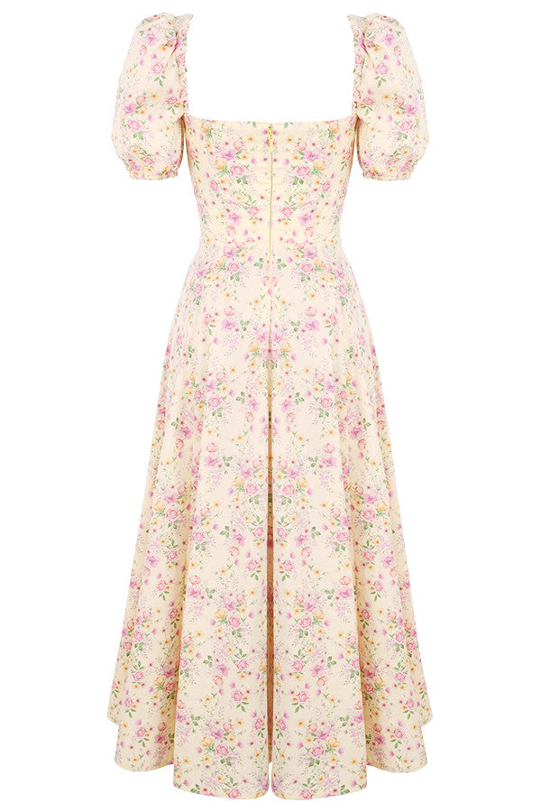 Robe d'été midi à manches bouffantes fleuries