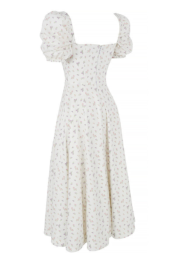Robe d'été midi à manches bouffantes fleuries