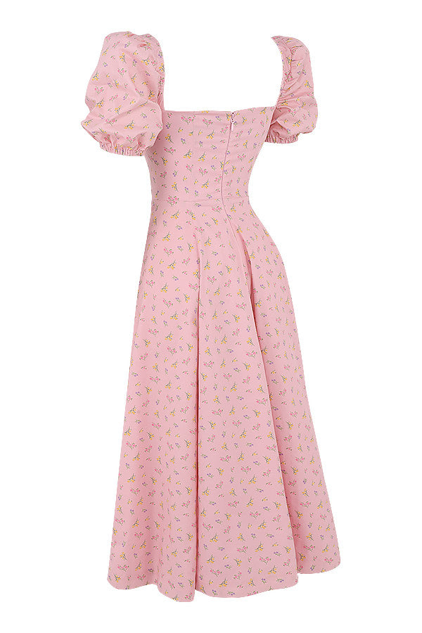 Robe d'été midi à manches bouffantes fleuries